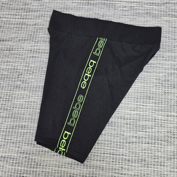 bebe Biker Shorts Womens Medium Black Green Logo Spellout Side Stripe Stretch - Picture 8 of 11